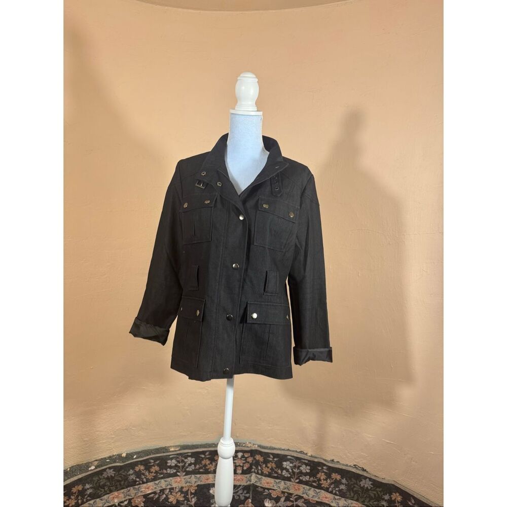 Appraisal Black Denim Utility Jacket | Size L | Multi-Pocket | Silver Snap Closu